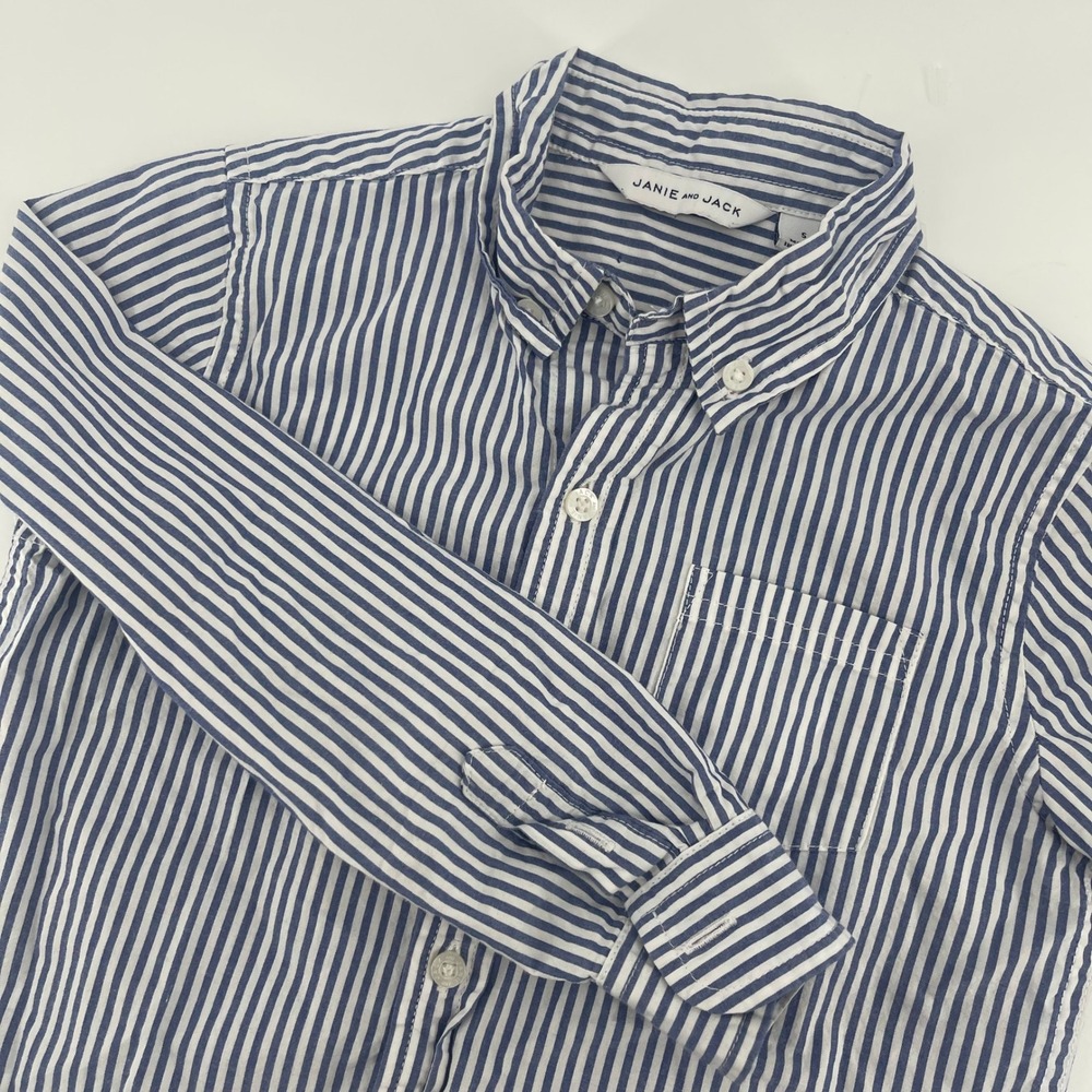 Janie and Jack Striped‎ Button-Up Shirt Long Sleeve Cotton Blue White Size 5
